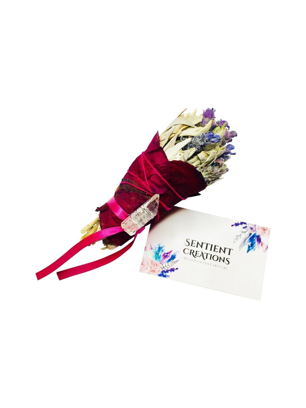 Botanical Smudge Stick Bouquet﻿﻿ with Clear Quartz Point - Sentient Creations