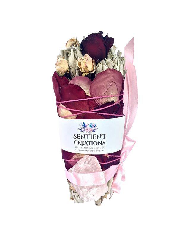 Love - Large Rose & Sage Smudge Stick Bouquet with Rose Quartz - Sentient Creations
