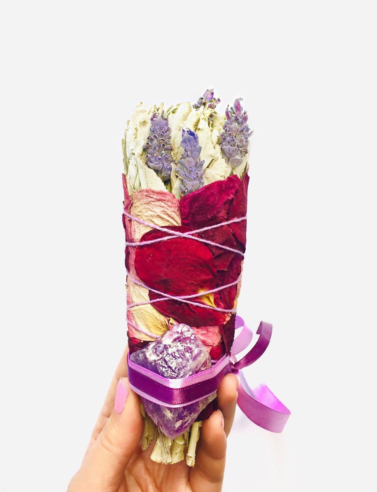 Peace - Large Lavender & Sage Smudge Stick Bouquet with Raw Amethyst - Sentient Creations